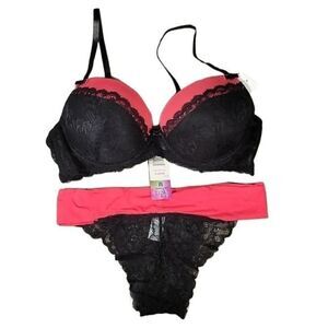 Hers by Herman Coral & Lace Bra & Panty Set Sz 34C